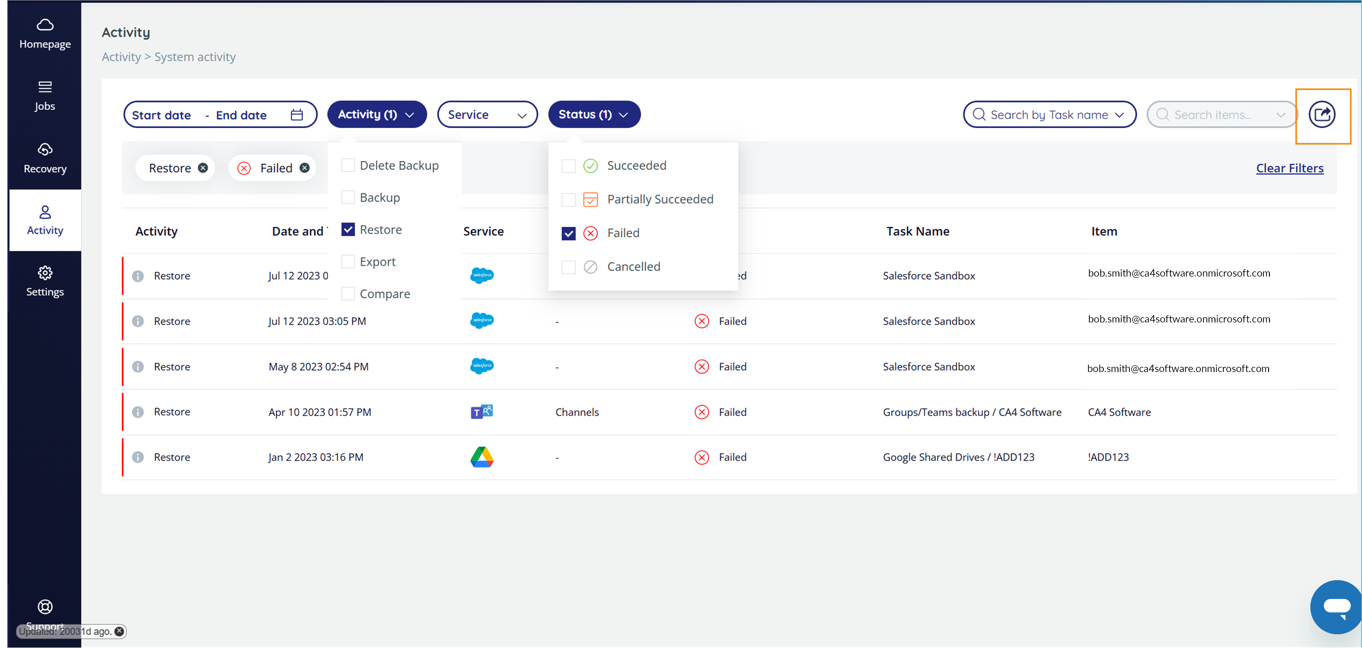 Activity screen filtered by Restore jobs, and the Export button highlighted