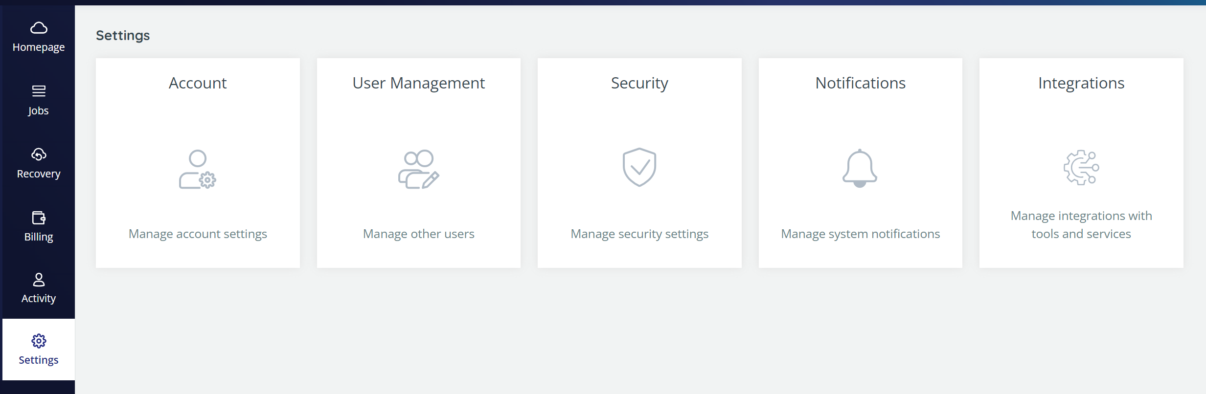 Settings page, with Account, User Management, Security, Notifications and Integrations options