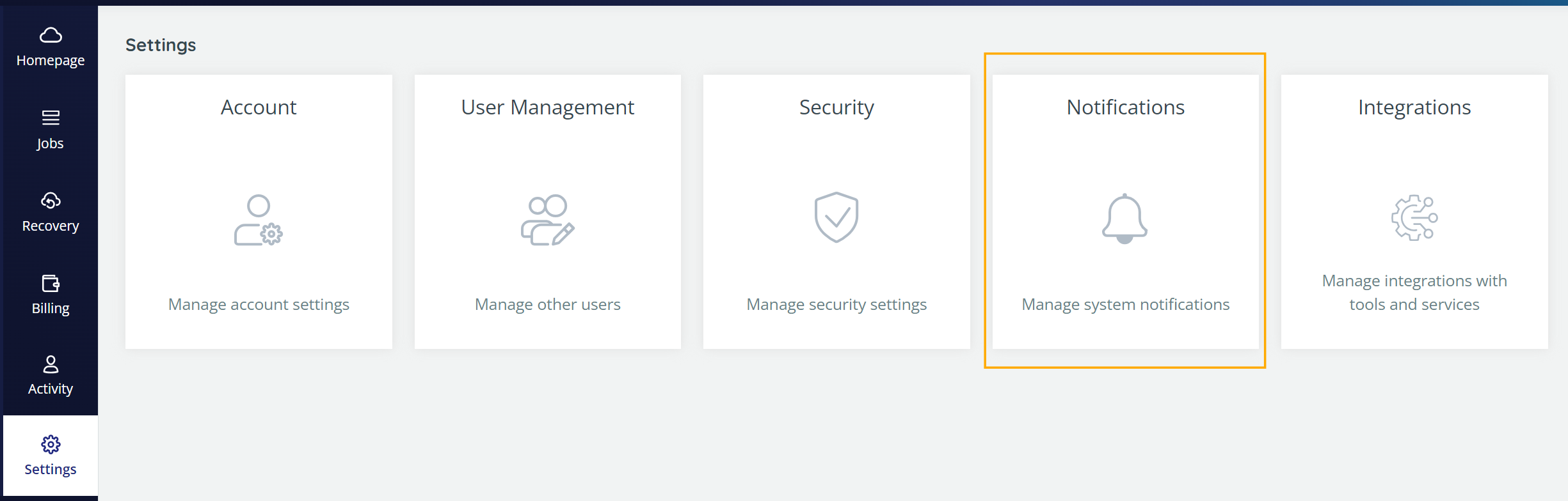 Security Settings page, with Notifications option highlighted