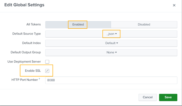 Edit Global Settings in Splunk interface