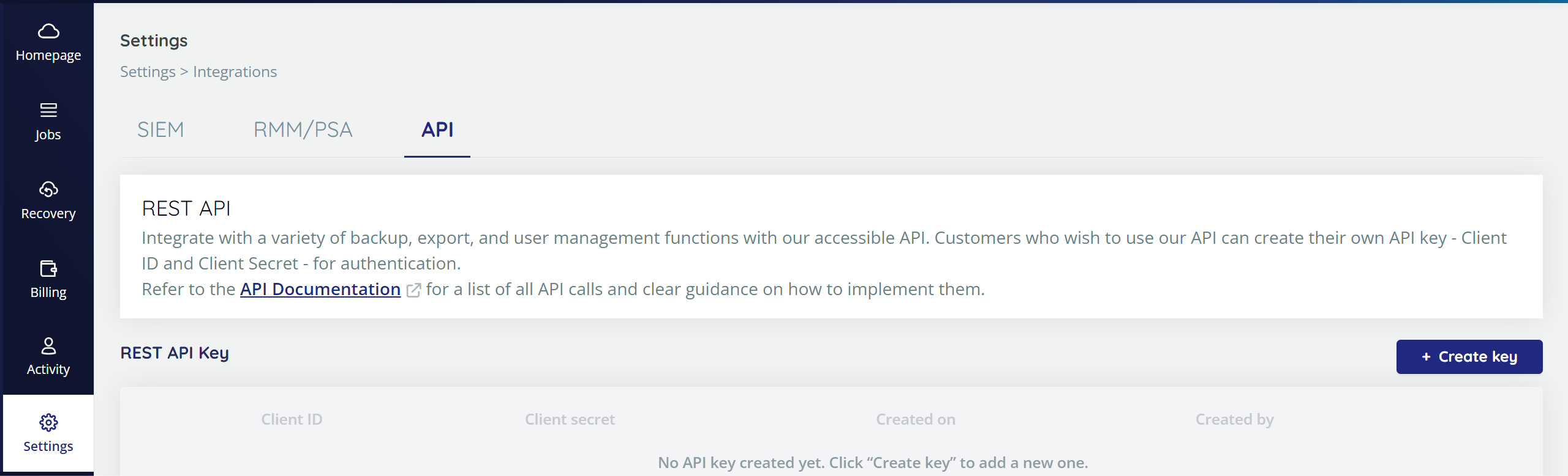 REST API screen with +Create Key highlighted
