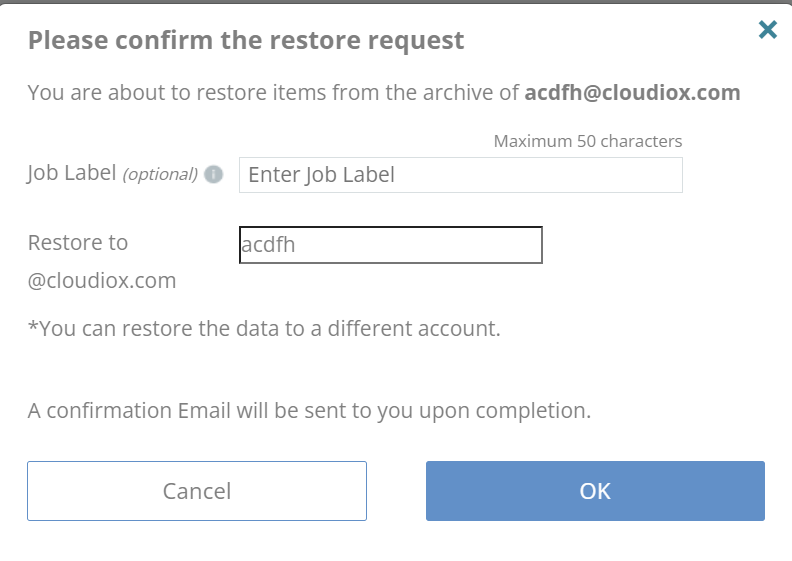 Please confirm the restore request - OK is highlighted