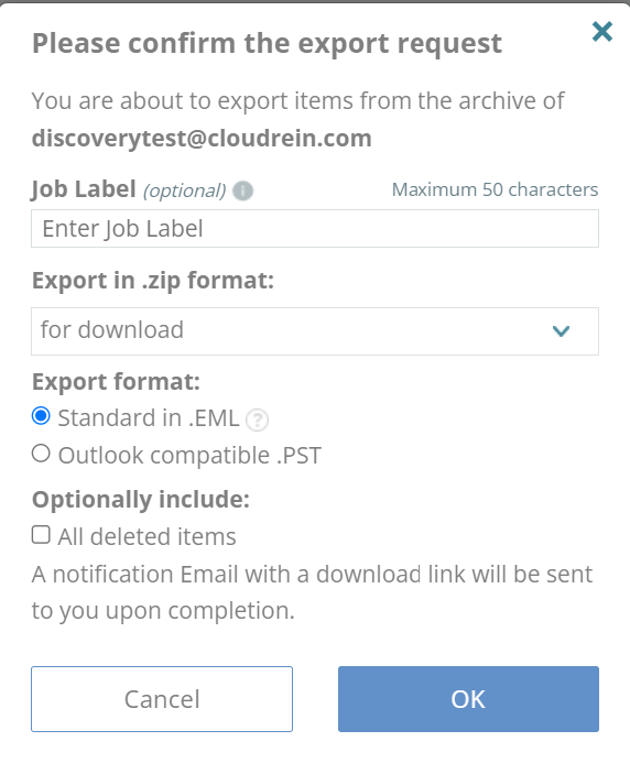 Please confirm the export request - OK is highlighted