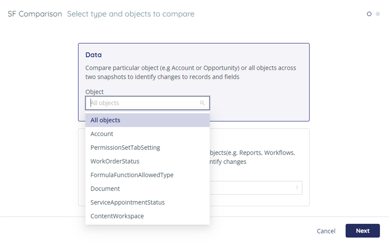 In the Data option, drop-down list of objects is displayed.