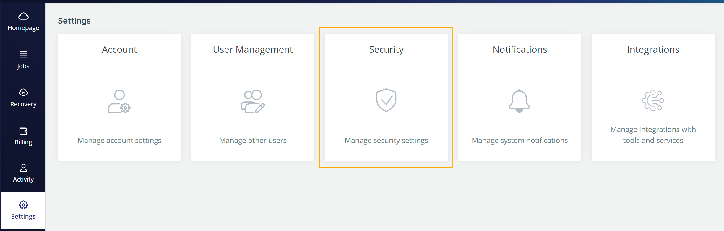 Settings option in the navigation pane, with Security highlighted