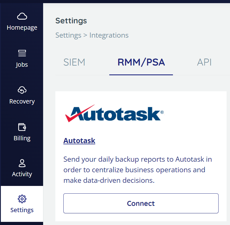 Settings > Integrations - Autotask connection